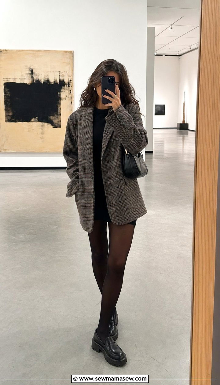 Plaid oversized blazer and black mini dress - 35 Museum visit outfit ideas
