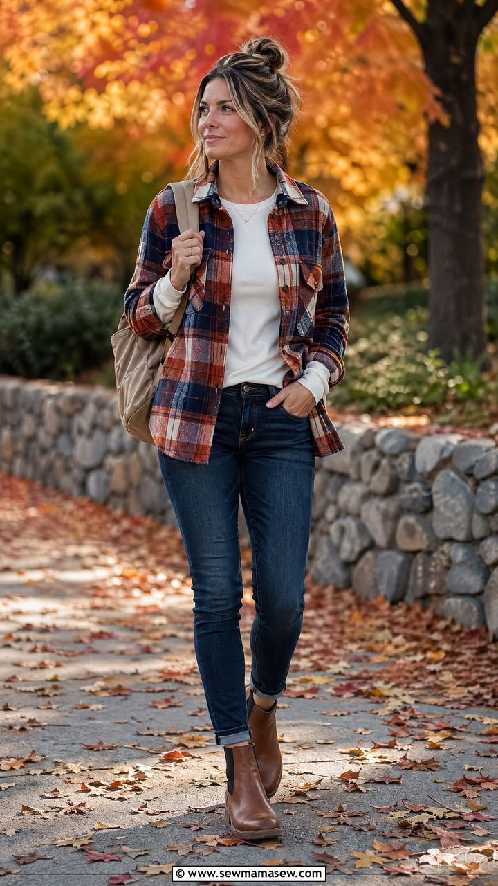 Plaid shacket and skinny jeans outfit - 35 Casual outfits for moms