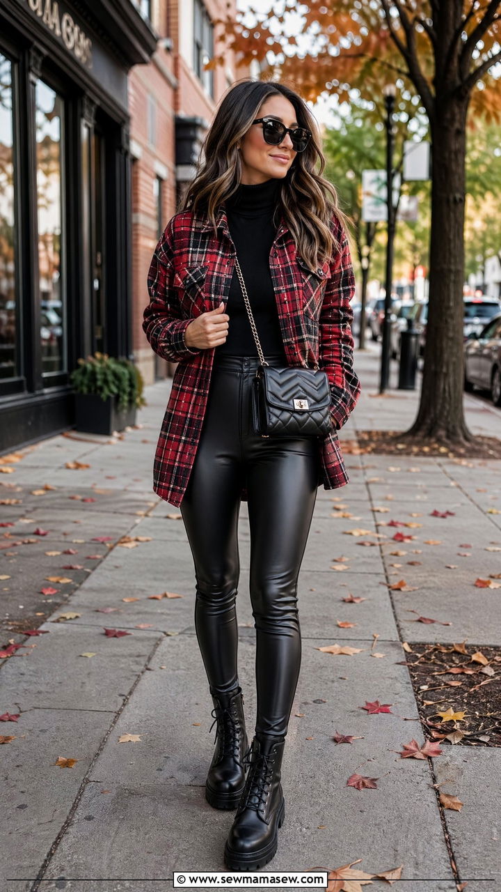 Plaid shacket turtleneck faux leather leggings and combat boots - 35 Crossbody bag outfit ideas