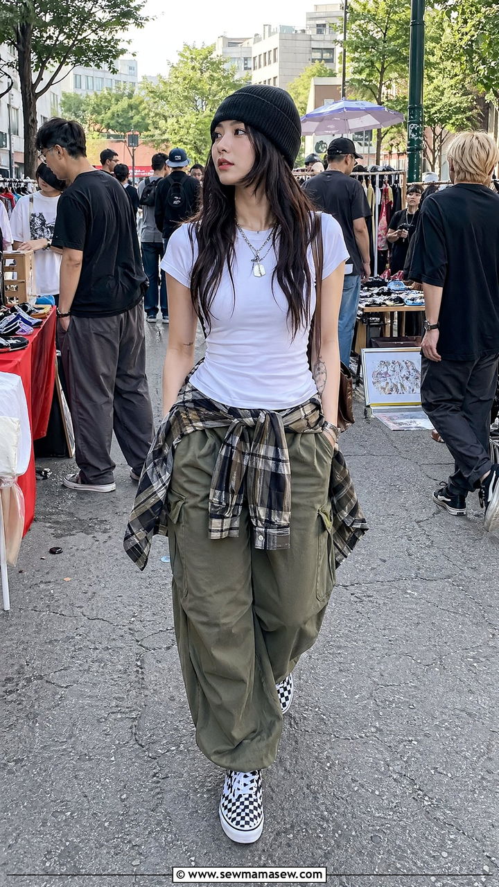 Plaid shirt tied at the waist with cargo pants - 35 Seoul vacation outfit ideas