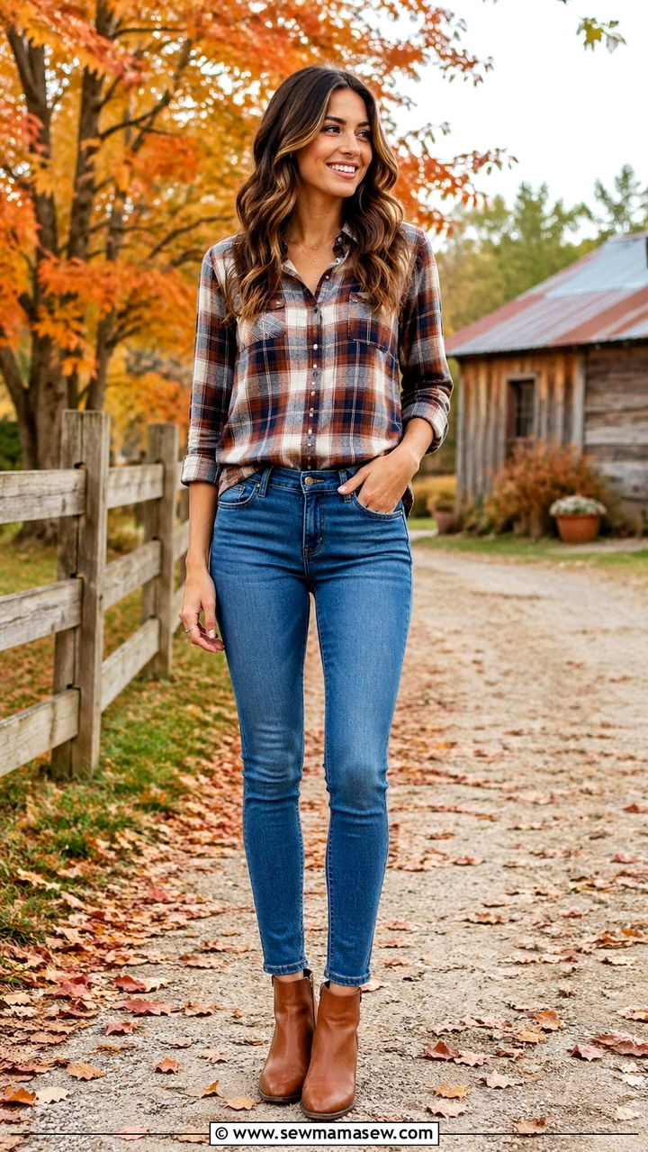 Plaid shirt with blue skinny jeans and ankle boots - 30 Skinny jeans outfit ideas with a button down