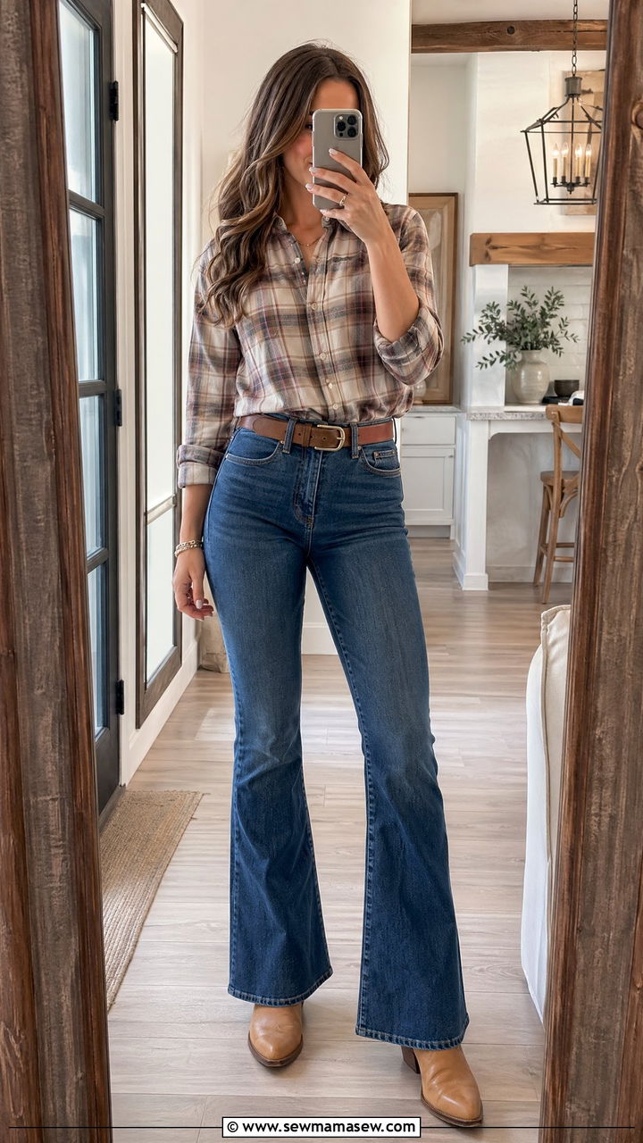 Plaid shirt with bootcut jeans and boots - 35 Western spring outfits