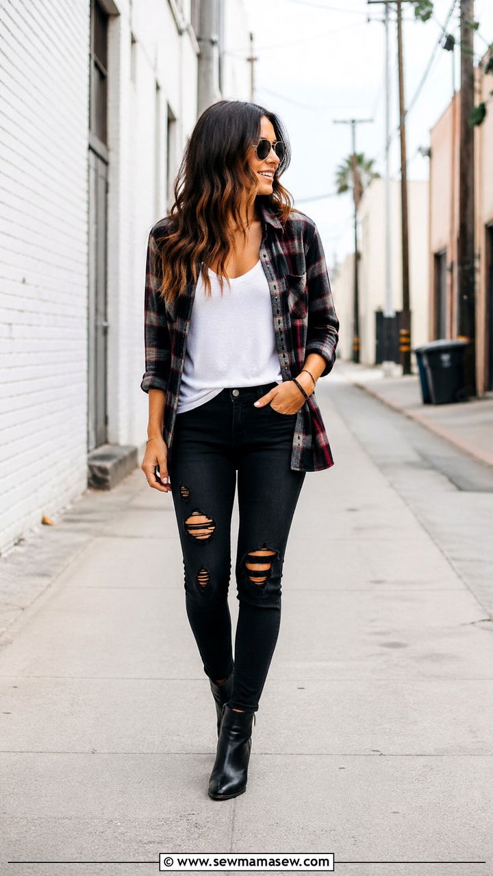 Plaid shirt with distressed skinny jeans and ankle boots - 30 Skinny jeans outfit ideas with a button down