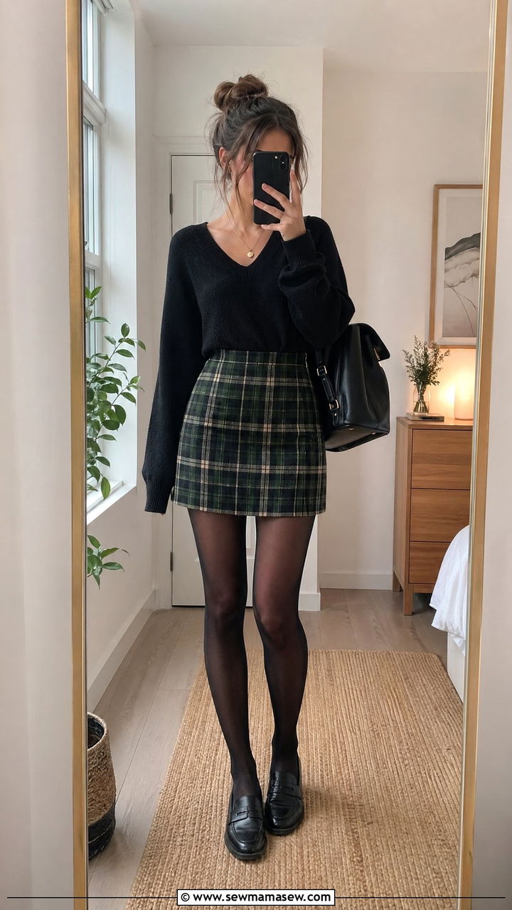 Plaid skirt and black sweater outfit - 35 cute school outfits