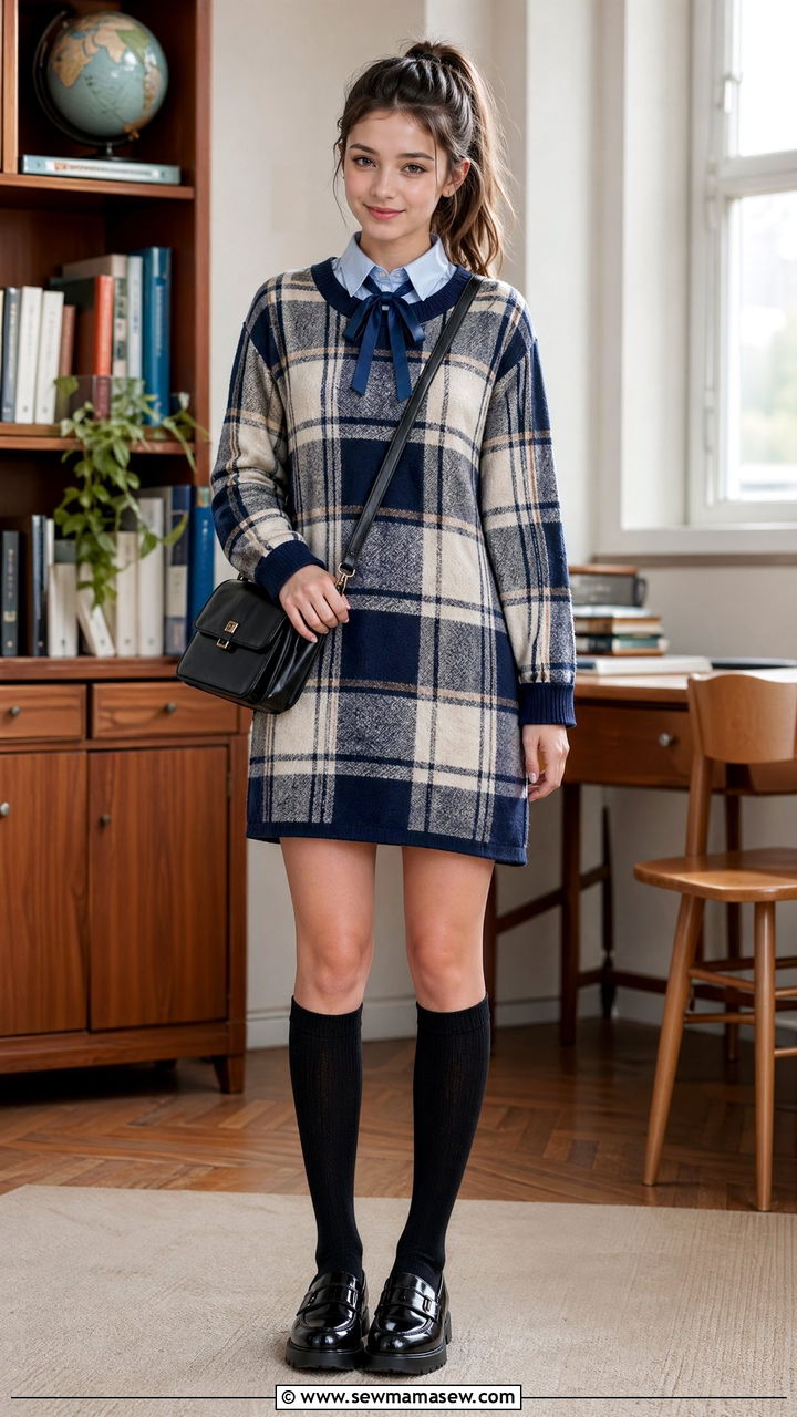 Plaid sweater dress over collared shirt outfit - 35 cute school outfits