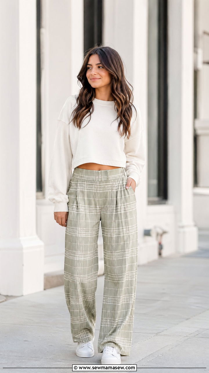 Plaid trousers with cropped sweatshirt and sneakers - 35 Streetwear spring outfits