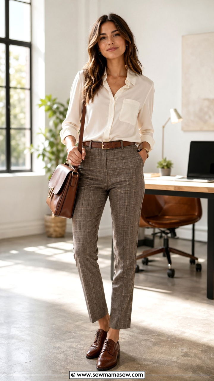 Plaid trousers with solid blouse and oxfords - 35 Office dress code outfit ideas