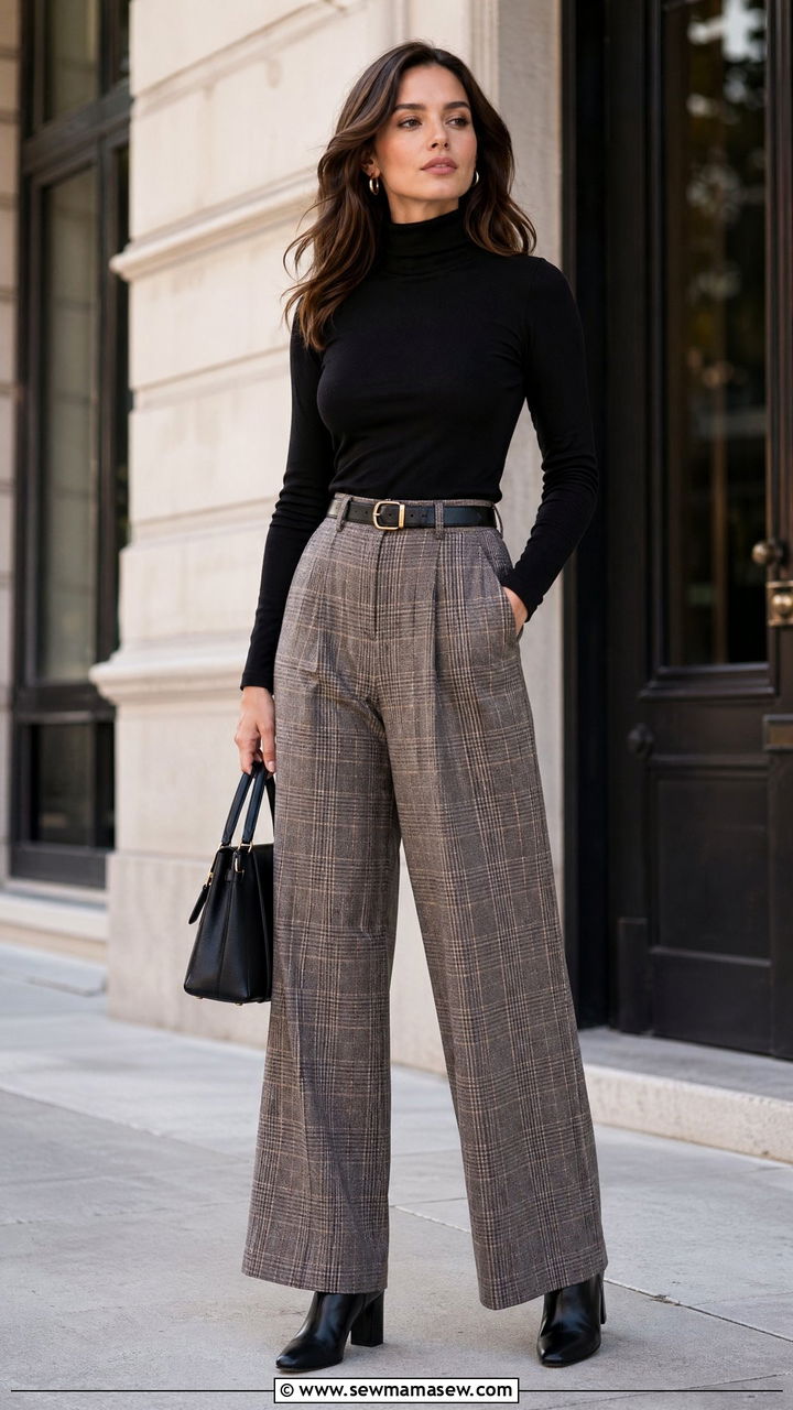 Plaid wide leg pants with black turtleneck - 35 wide leg pants outfits