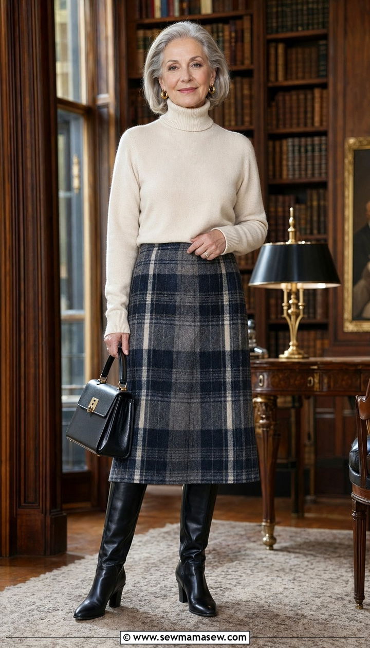 Plaid wool midi skirt with a cream turtleneck and knee boots - 35 Old money outfit ideas for women over 60