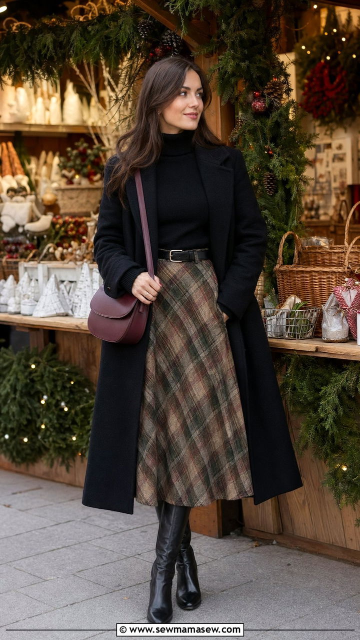 Plaid wool midi skirt with black turtleneck and riding boots - 30 Age appropriate outfit ideas
