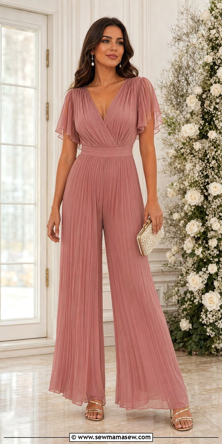 Pleated Chiffon Jumpsuit With Pearl Accessories - 35 Romantic outfit ideas