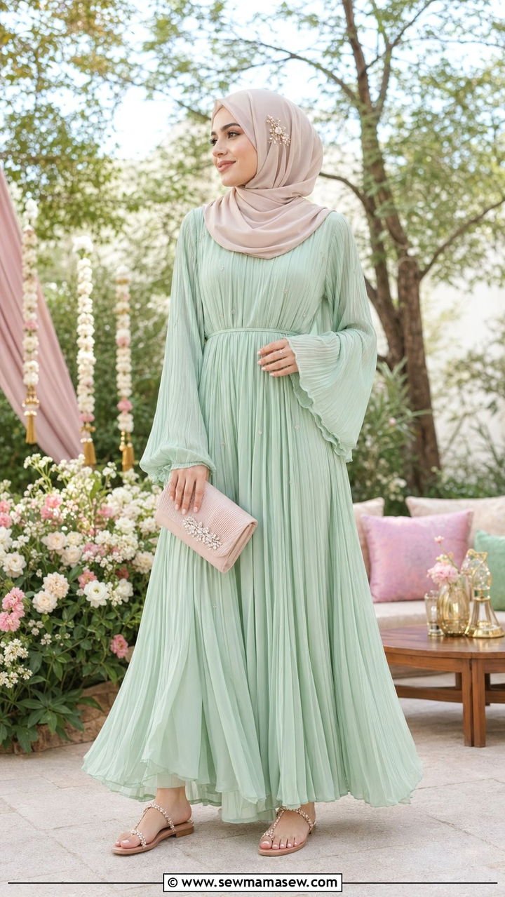 Pleated Chiffon Maxi Dress With Pastel Hijab - 30 wedding guest outfits for hijab women