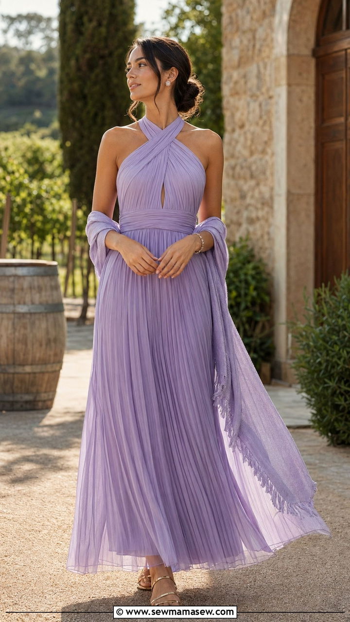 Pleated Maxi Dress With Metallic Sandals - 30 Afternoon wedding guest outfits