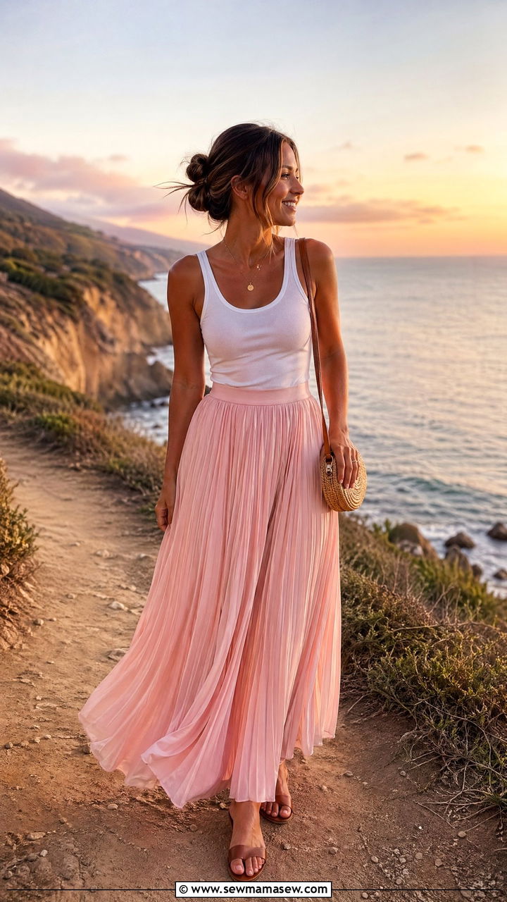 Pleated Maxi Skirt With Fitted Tank - 35 vacation outfits 2026