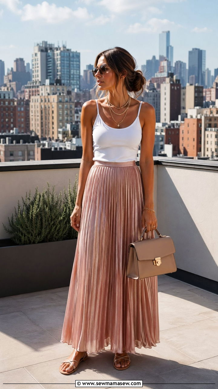Pleated Maxi Skirt With Fitted Tank - 35 spring boho chic outfit ideas