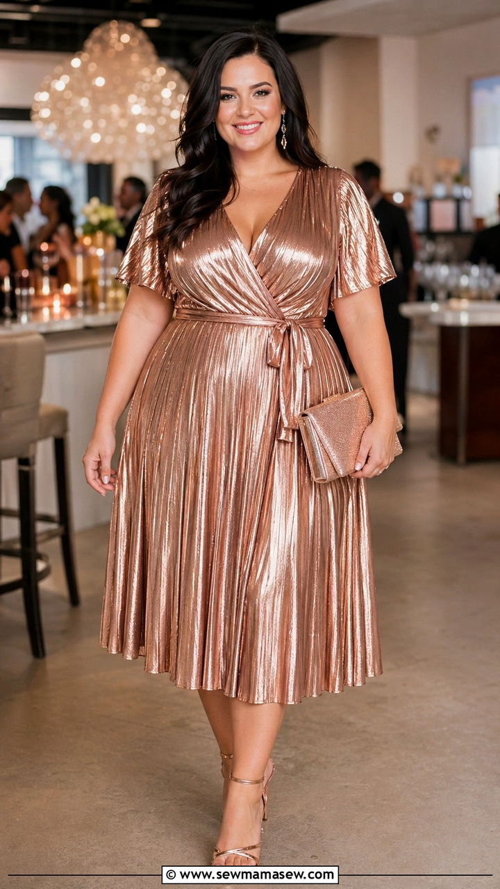 Pleated Metallic Midi Dress With Strappy Sandals - 30 Birthday outfit ideas plus size