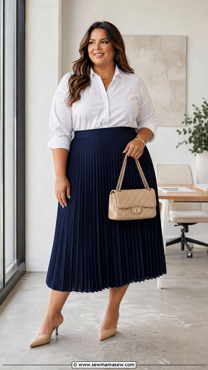 Pleated Midi Skirt And Button Down Shirt Outfit - 35 work outfits for plus size women