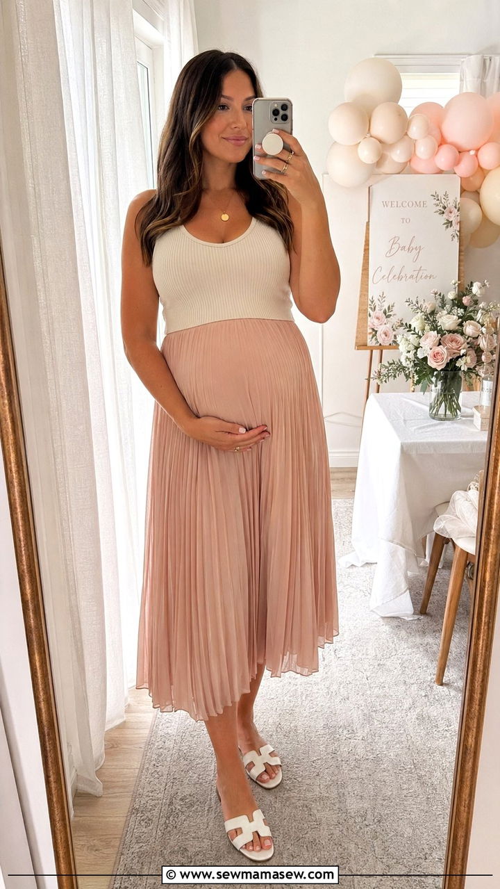 Pleated Midi Skirt And Tank Top Outfit - 35 pregnancy outfit ideas