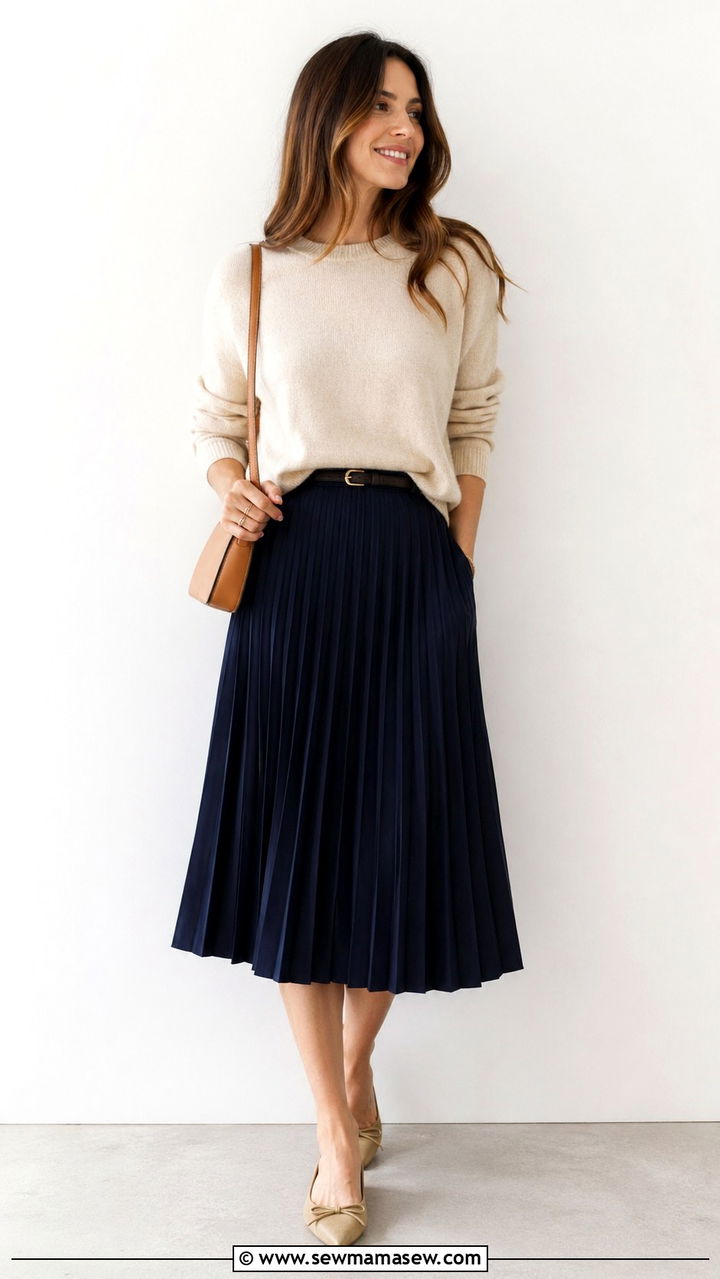 Pleated Midi Skirt With A Fine Gauge Knit Sweater - 35 Elevated work outfit ideas