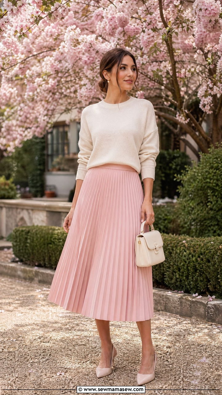 Pleated Midi Skirt With A Fine Knit Sweater - 35 spring classy outfit ideas