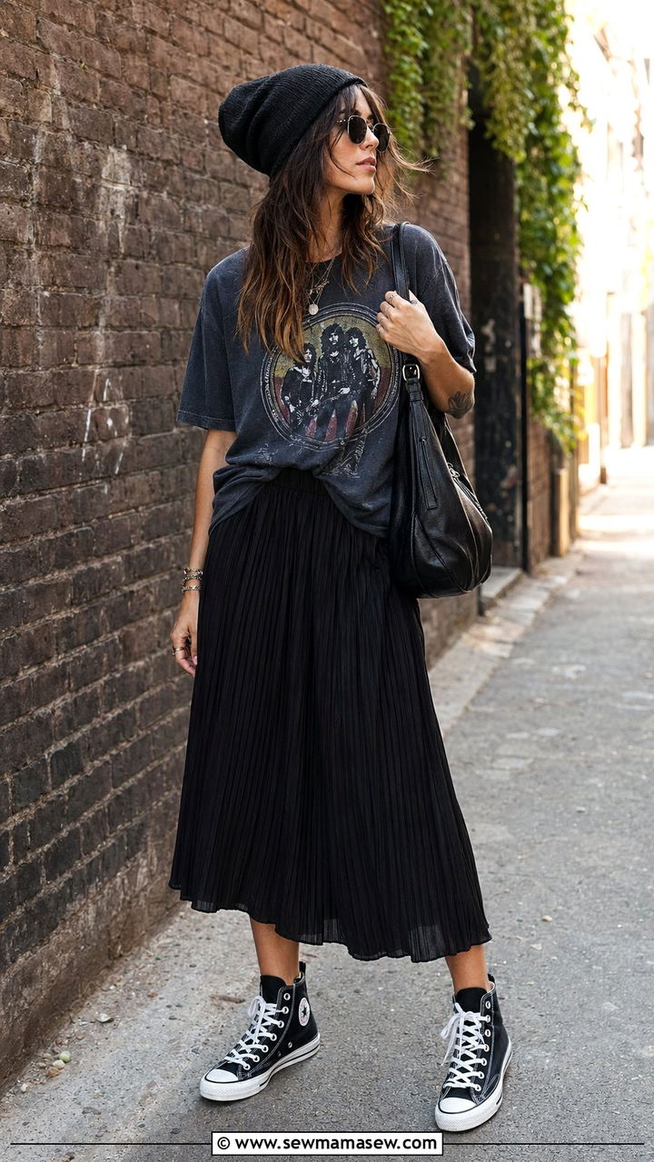 Pleated Midi Skirt With Band Tee And Converse - 35 Pleated midi skirt outfit ideas