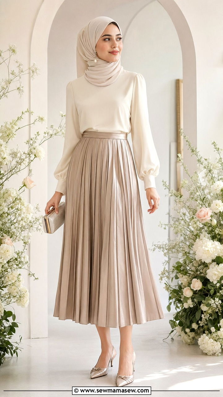 Pleated Midi Skirt With Blouse And Draped Hijab - 30 wedding guest outfits for hijab women