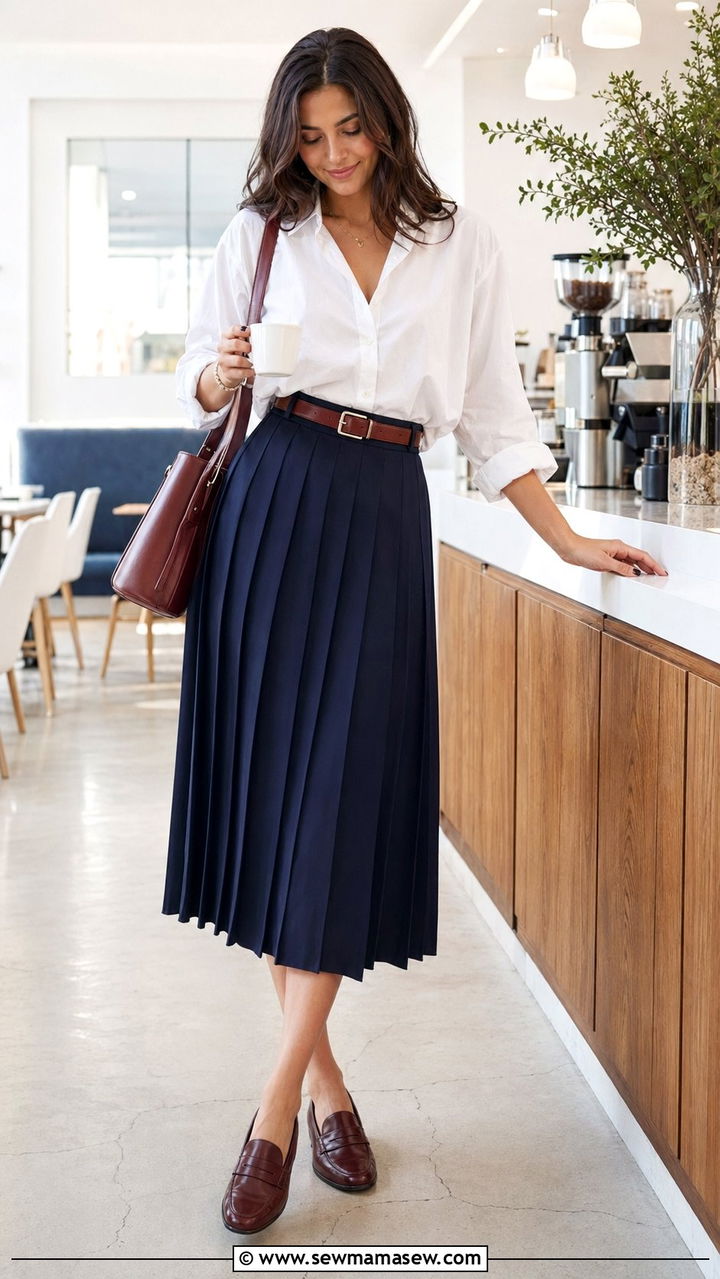 Pleated Midi Skirt With Button Down Shirt - 35 Pleated midi skirt outfit ideas