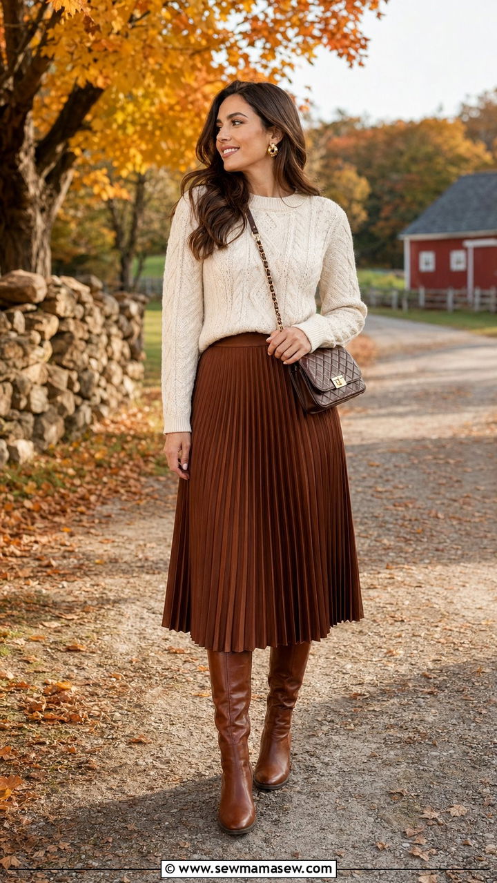 Pleated Midi Skirt With Cable Knit And Riding Boots - 35 Pleated midi skirt outfit ideas