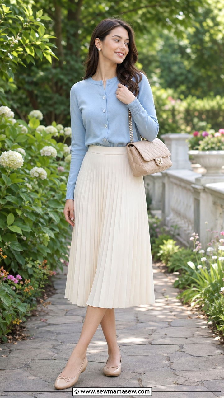 Pleated Midi Skirt With Cardigan And Ballet Flats - 35 Pleated midi skirt outfit ideas