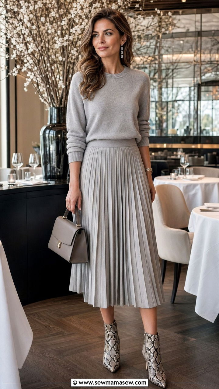 Pleated Midi Skirt With Cashmere Sweater - 35 Pleated midi skirt outfit ideas