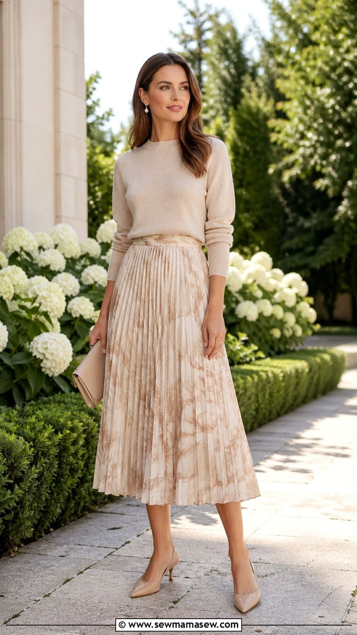 Pleated Midi Skirt With Cashmere Sweater And Pointed Toe Heels - 30 Spring closet must haves