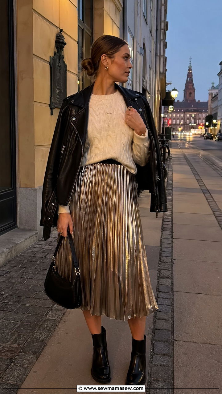 Pleated Midi Skirt With Chunky Knit And Chelsea Boots Outfit - 35 Copenhagen outfit ideas