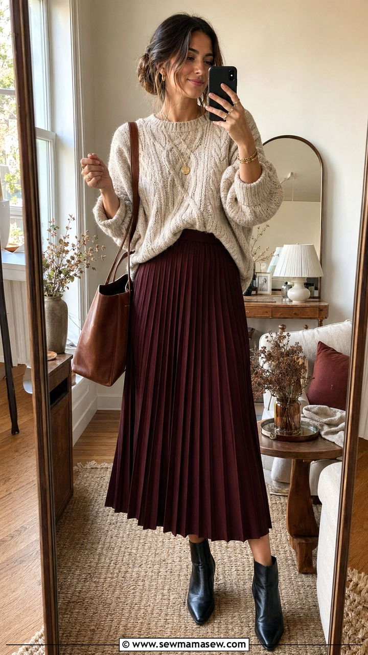 Pleated Midi Skirt With Chunky Knit Sweater - 35 Pleated midi skirt outfit ideas