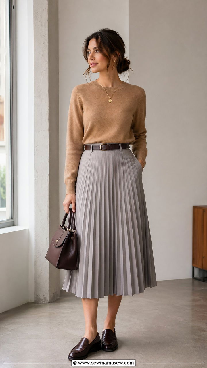 Pleated Midi Skirt With Fine Knit Sweater and Loafers - 35 transitional old money outfit ideas