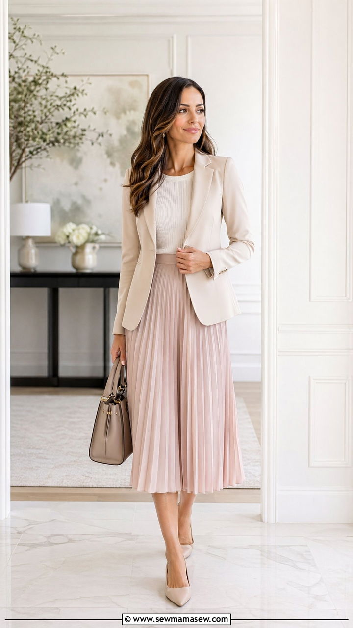 Pleated Midi Skirt With Fitted Blazer For Spring - 35 Spring job interview outfits