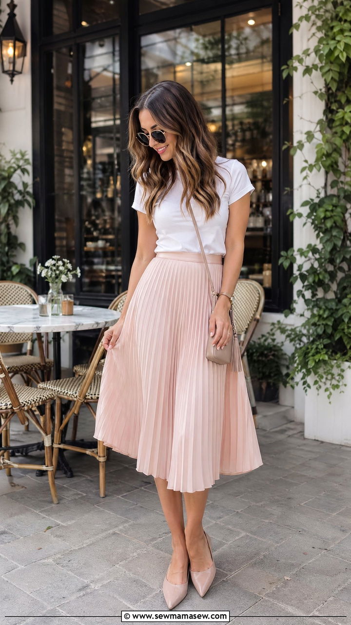 Pleated Midi Skirt With Fitted Cotton Tee Summer Outfit - 35 summer elegant outfit ideas