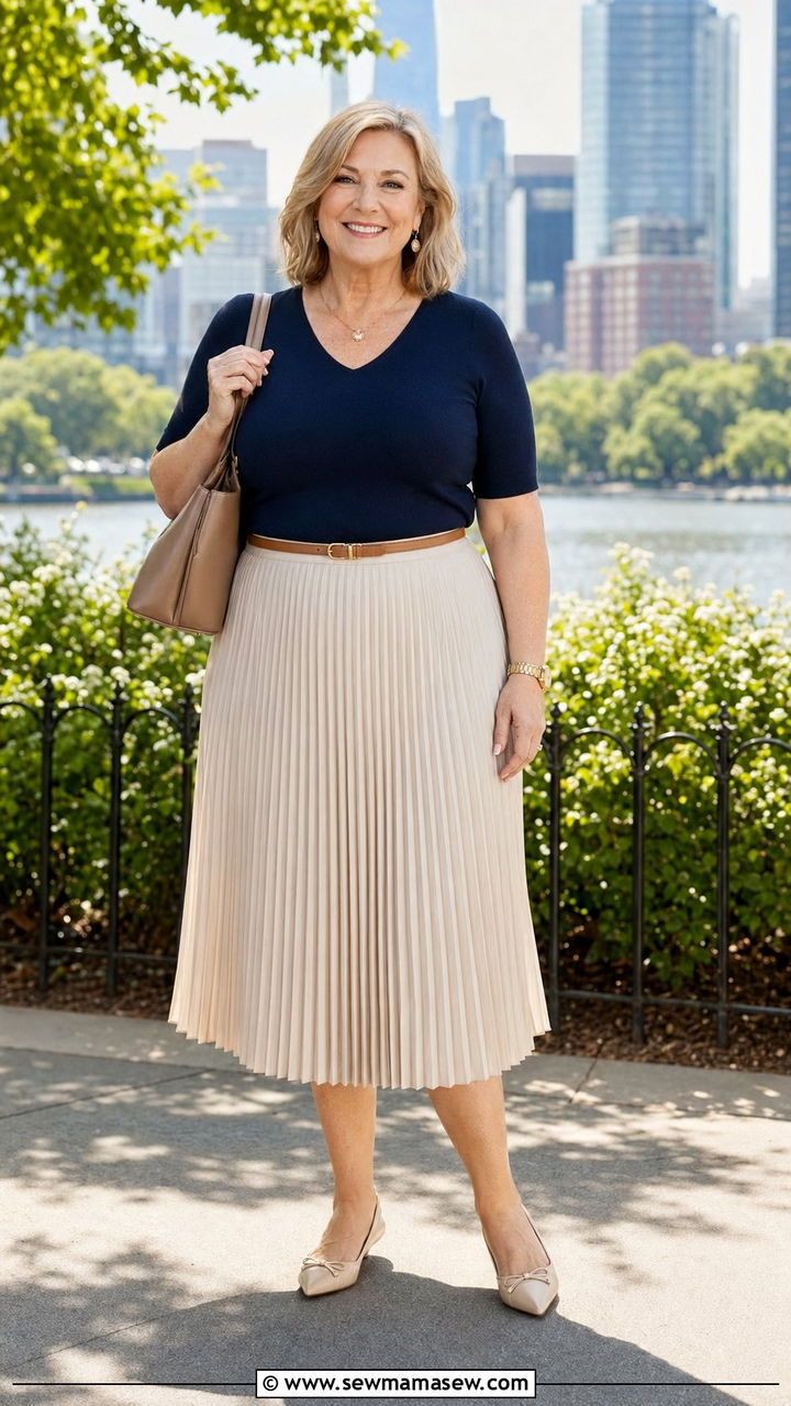 Pleated Midi Skirt With Fitted Knit Top - 35 Plus size outfits for women over 50