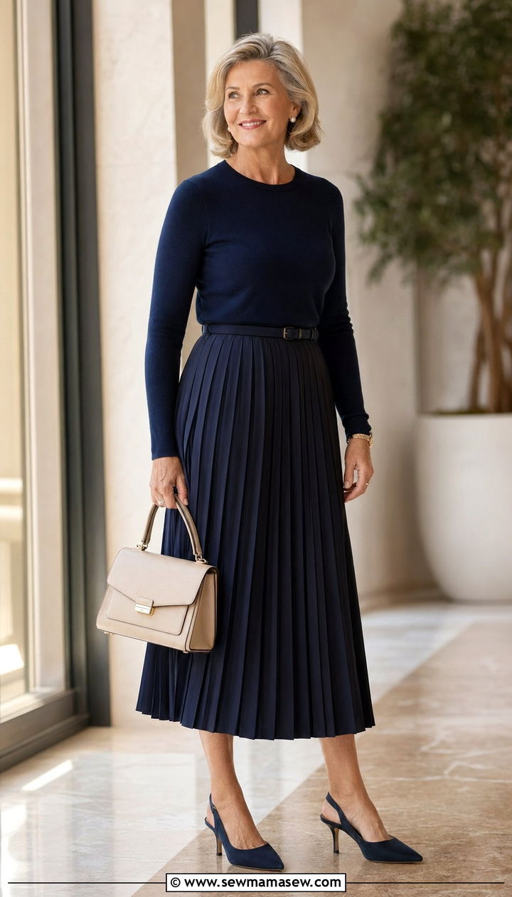 Pleated Midi Skirt With Fitted Sweater - 35 Graduation outfits for women over 50