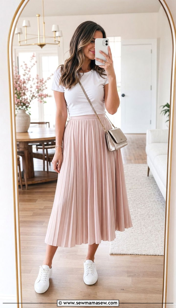 Pleated Midi Skirt With Fitted Tee - 30 What to wear to spring brunch
