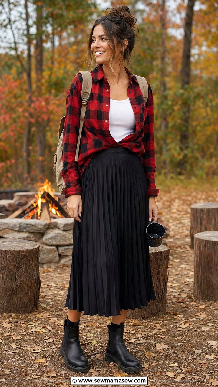Pleated Midi Skirt With Flannel Shirt - 35 Pleated midi skirt outfit ideas