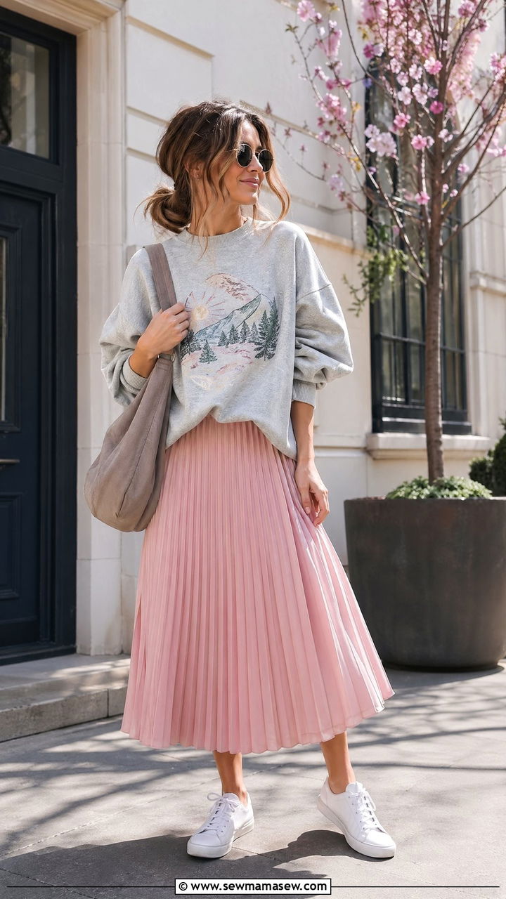 Pleated Midi Skirt With Graphic Crewneck Sweatshirt and Sneakers - 35 Spring transition outfits
