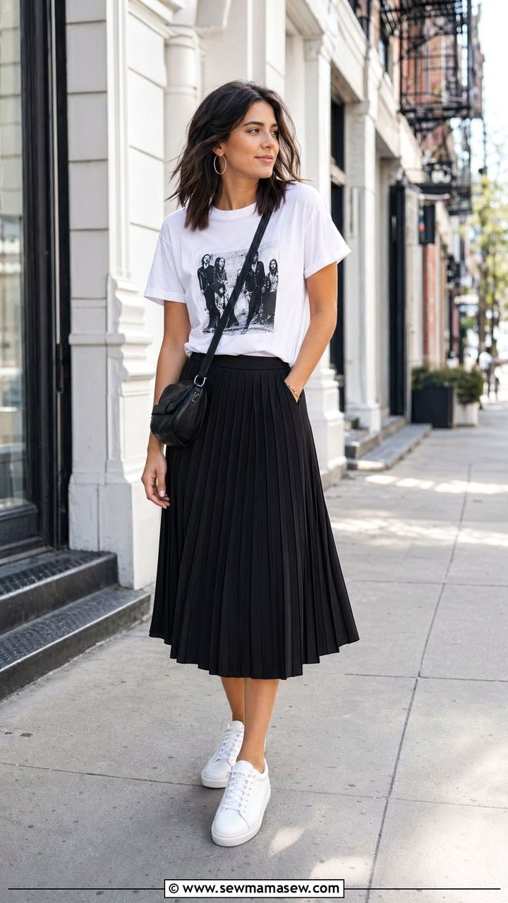 Pleated Midi Skirt With Graphic Tee And Sneakers - 35 Pleated midi skirt outfit ideas