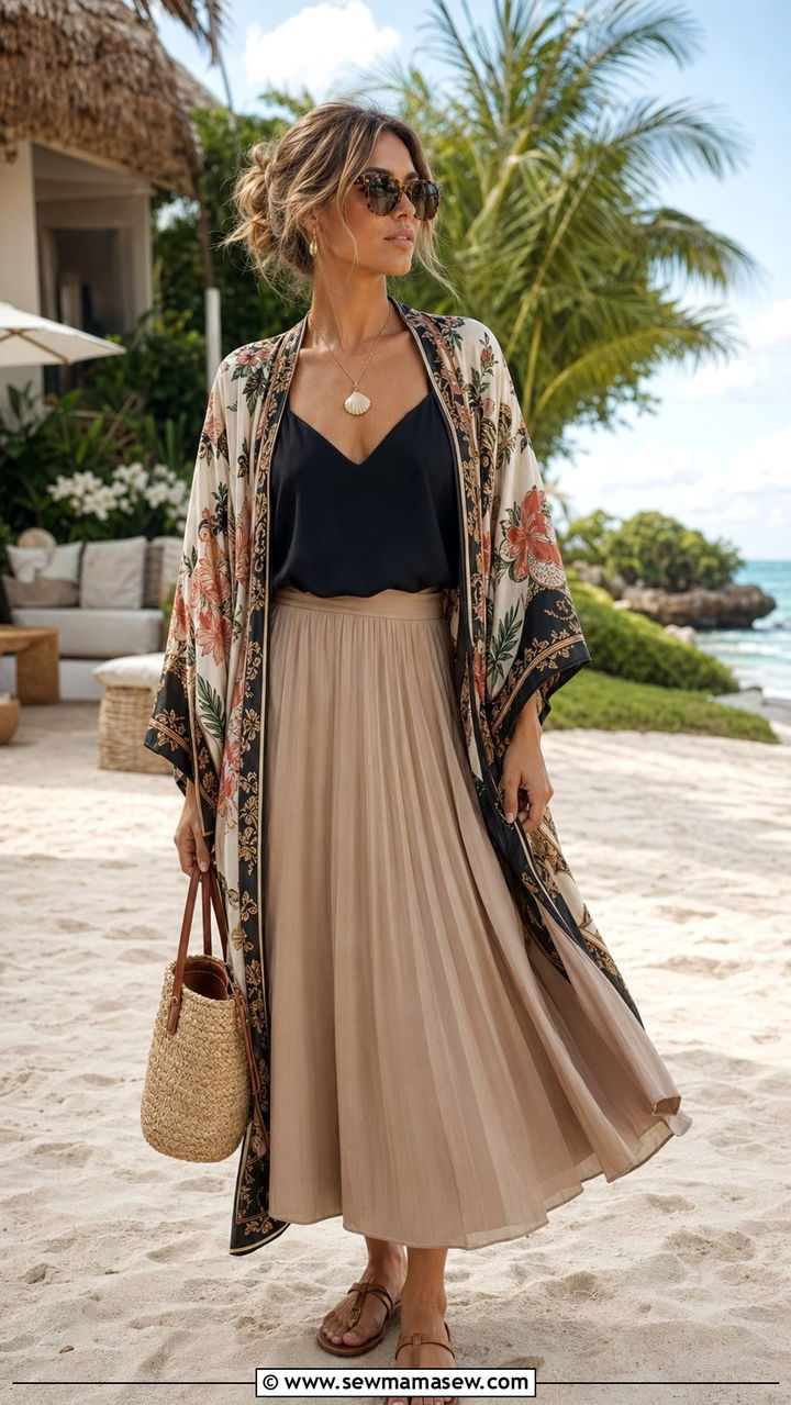 Pleated Midi Skirt With Kimono Cover Up - 35 Pleated midi skirt outfit ideas