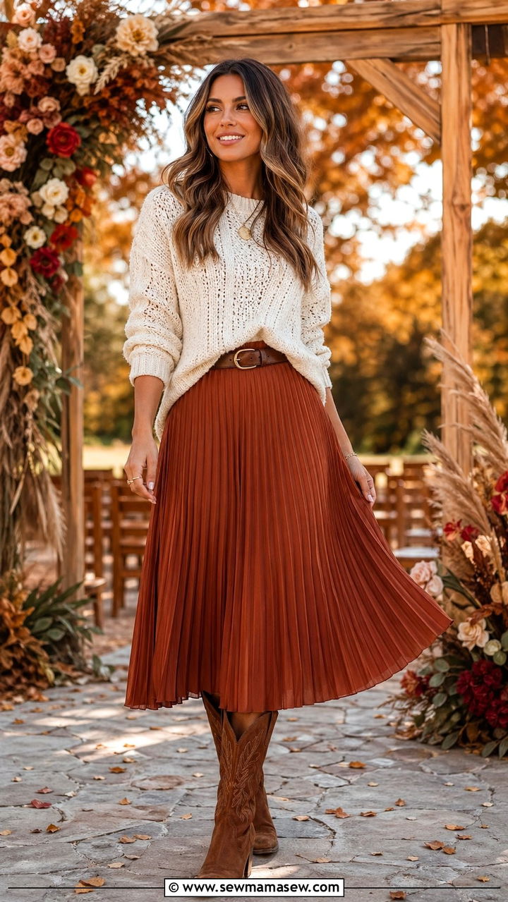 Pleated Midi Skirt With Knit Sweater And Western Boots - 30 Western outfit ideas for wedding