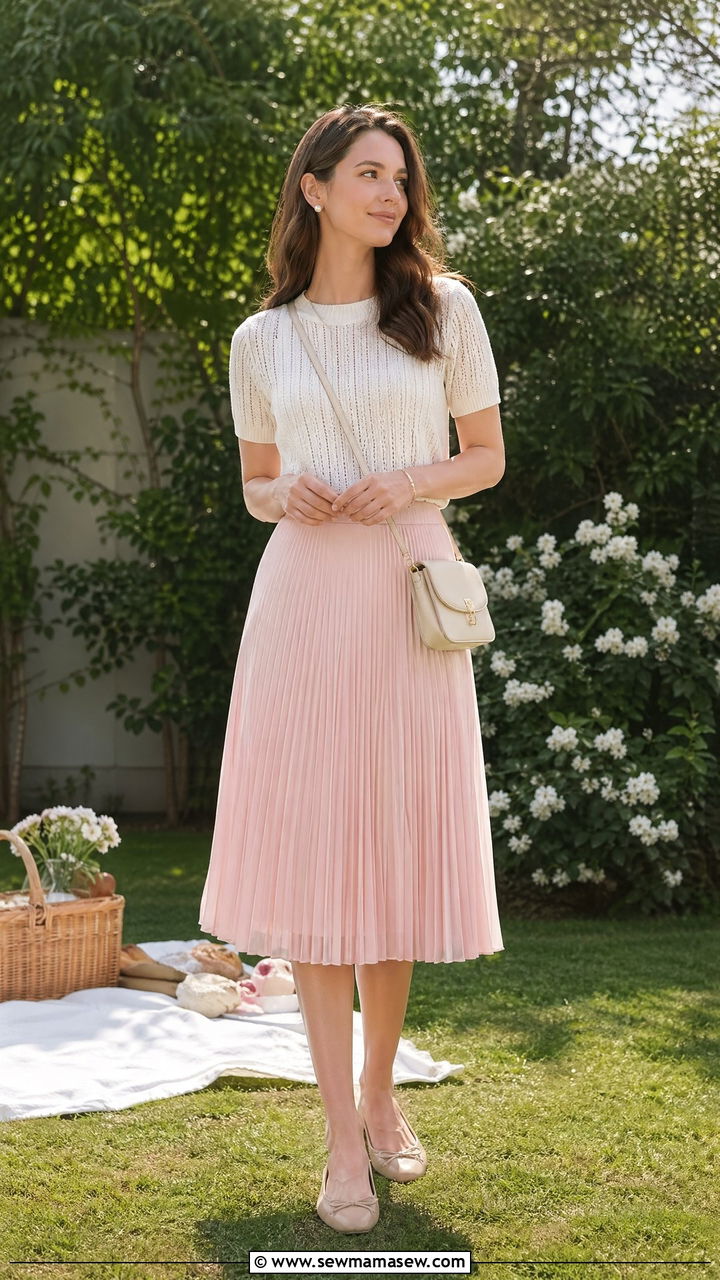Pleated Midi Skirt With Knit Top - 35 What to wear for a summer picnic