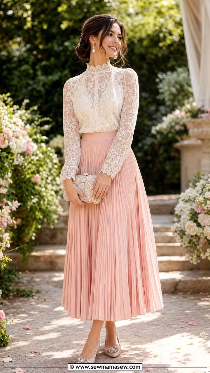 Pleated Midi Skirt With Lace Top And Jeweled Flats - 35 Pleated midi skirt outfit ideas