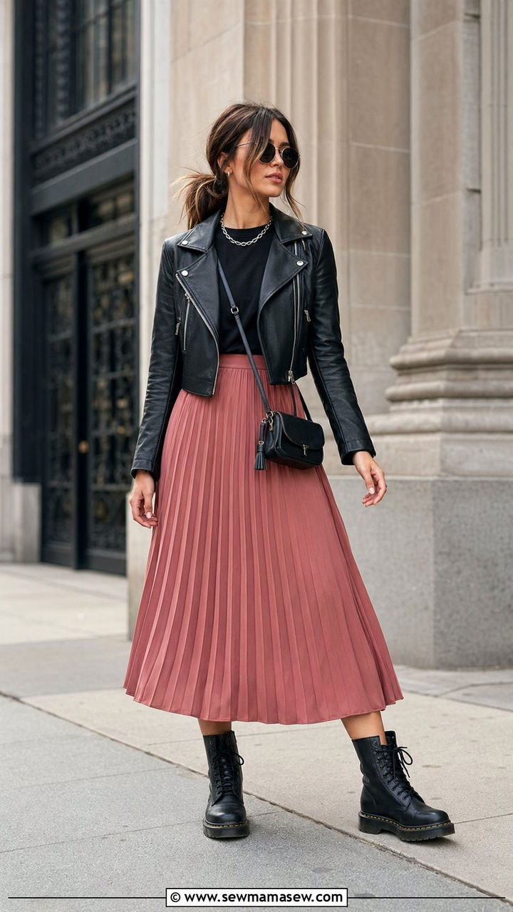 Pleated Midi Skirt With Leather Jacket - 35 Pleated midi skirt outfit ideas