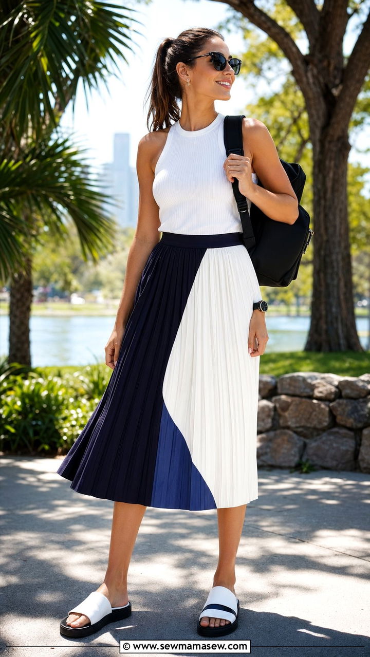 Pleated Midi Skirt With Muscle Tank And Sporty Sandals - 35 Pleated midi skirt outfit ideas