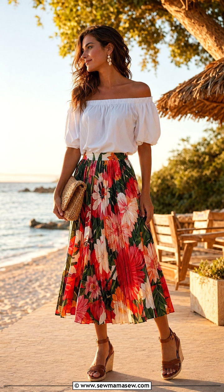 Pleated Midi Skirt With Off Shoulder Top - 35 Pleated midi skirt outfit ideas