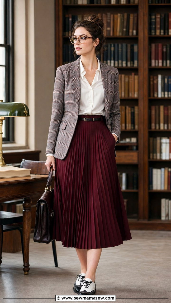 Pleated Midi Skirt With Plaid Blazer And Oxfords - 35 Pleated midi skirt outfit ideas
